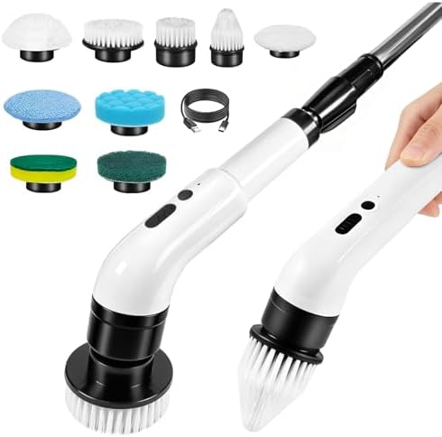 Electric Spin Scrubber, Cordless Shower Scrubber with 9 Scrub Brushes, 2 Speed & Battery Level Display