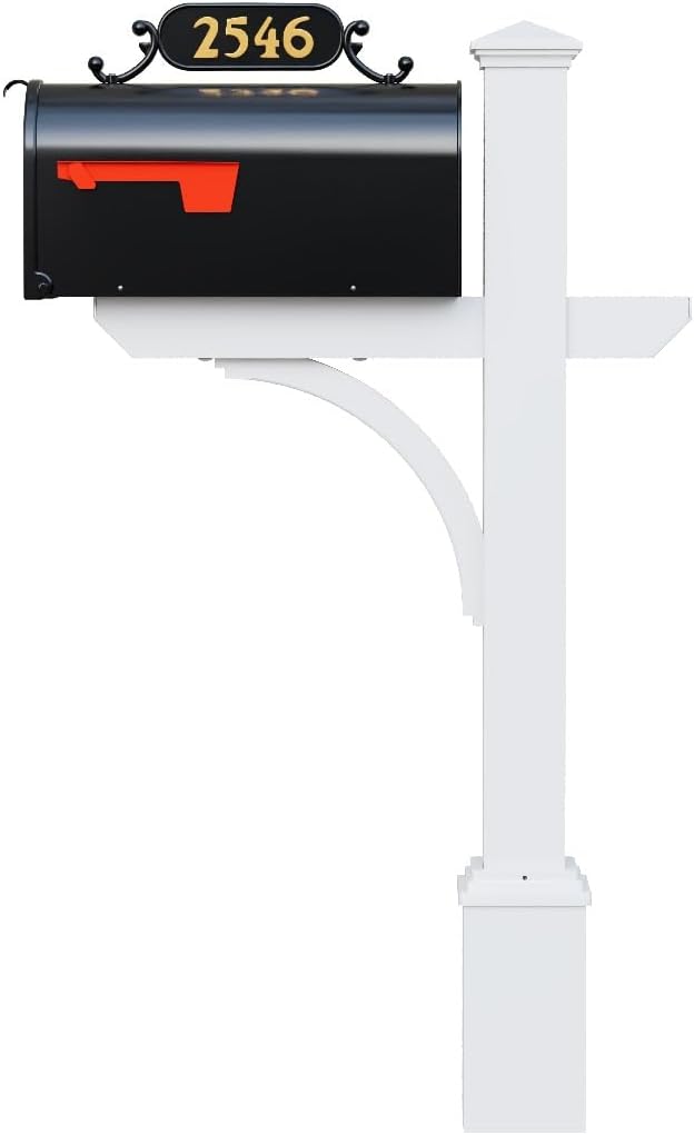 Argonne White Post & Black Mailbox (Large) | Personal curbside mailbox system features a large black aluminum mailbox, sturdy white square post, and custom house numbers.