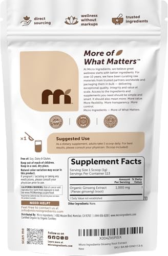 Micro Ingredients Organic Korean Ginseng Root Powder, 4 Ounce | Red Panax Ginseng Root | Traditional Asian Herb | Non-GMO & Vegan Friendly