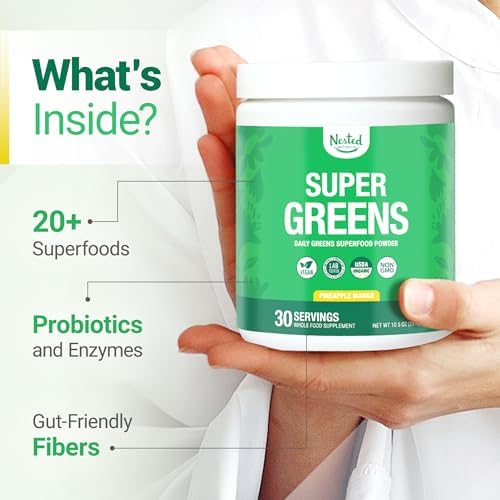 Nested Naturals Super Greens Daily Superfood Powder - Certified USDA Organic Green Powder w/20+ Whole Foods, Spirulina Powder,Wheat & Barley Grass - Probiotics, Fiber & Enzymes - Original Flavour, 30