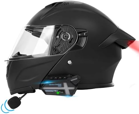 Bluetooth Modular Motorcycle Helmets with Tail Lights, DOT Certified Flip-Up Dual Visor Full Face Helmets for Men & Women Moto ATV UTV Snowmobile ADV Four Wheeler Street Bike