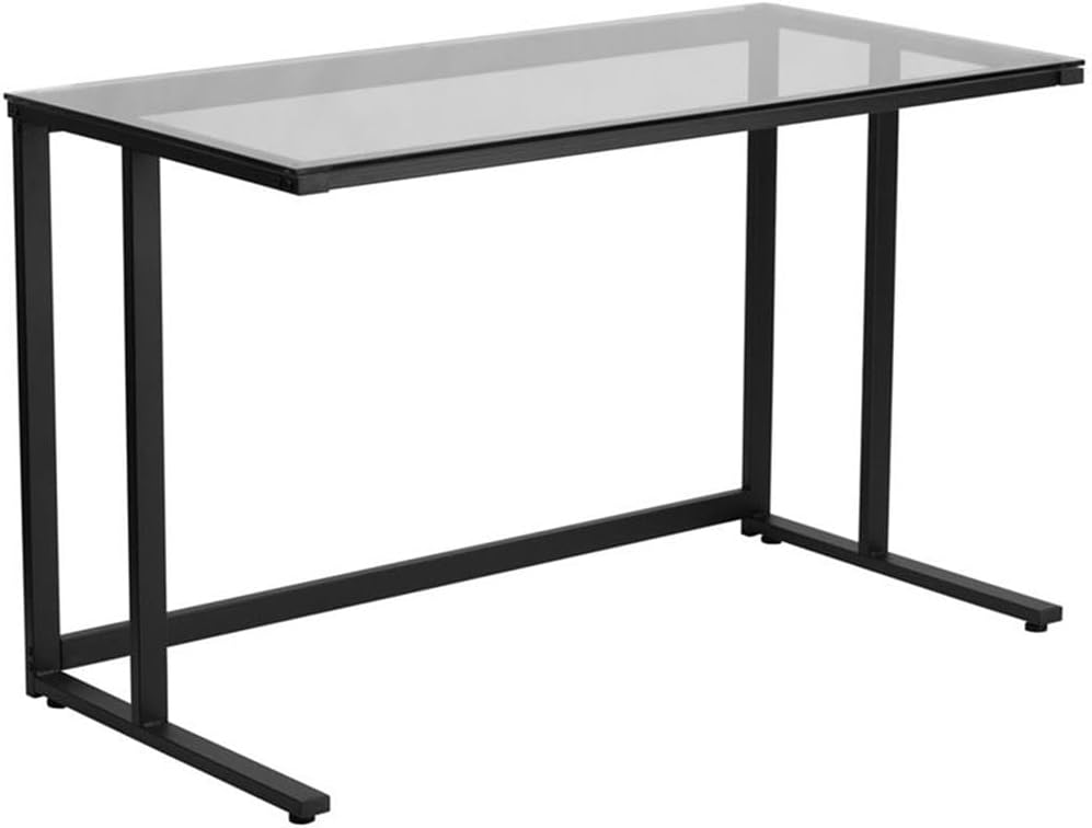 Flash Furniture Singleton Glass Desk with Black Pedestal Metal Frame | Tempered Glass Surface, Powder Coated Metal Frame