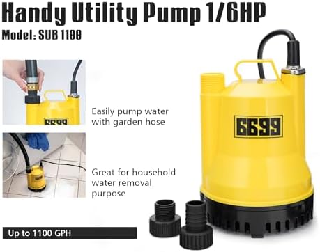 1/6HP Portable Utility Pump Submersible Small Backup Sump Pump Draining Tool to Remove Water from Flooding House Basement Pool Tankless Heater
