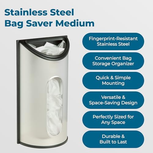 Honey-Can-Do Stainless Steel Plastic Bag Saver & Trash Bag Dispenser, Wall-Mounted Plastic Bag Organizer for Kitchen, Pantry, Garage