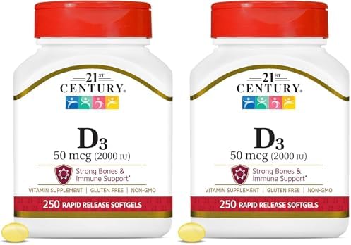 21st Century Vitamin D3 2000 IU Softgels, Bone & Immune, 250 Count | Vitamin D3 2000 IU Fast-Release Liquid Softgels, Bone Health, Immune Support & Calcium Absorption, Value 250-count Bottle