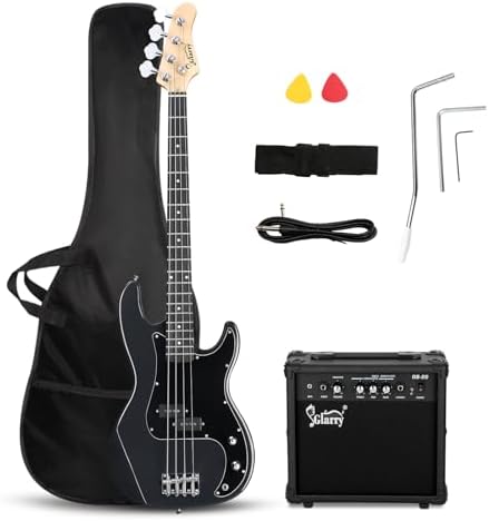 GLARRY Full Size Electric Bass Guitar Beginner Kit 4 String Exquisite Basswood Bass with 20W AMP, Cable, Strap, Bag and Accessories (Transparent Blue, 39"Right Handed)