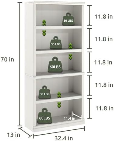 Bevfint 70-Inch Tall White Bookcase, 5 Tiers Shelves Open Storage Bookshelf | 33 In Wide Anti Tipping Indoor Furniture