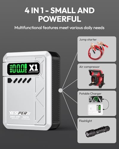 YESPER Jump Starter with Air Compressor 2000A 150PSI Battery Jumper Starter Portable(8L Gas/6L Diesel), 12V Car Jump Pack Battery Charger Jump Box with Jumper Cables, LCD Display, Lights | 2000A Battery Jumper Starter Portable(8L Gas/6L Diesel), Car Batt…