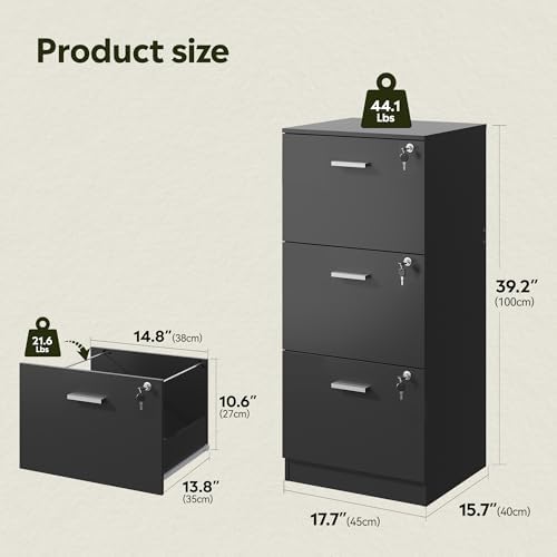 DEVAISE 3 Drawer Wood File Cabinet with Lock, Fits Letter and A4 Size | Wooden Tall Vertical Filing Cabinet, Home Office Printer Stand, Easy Assembly, White