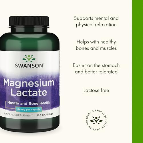 Swanson Magnesium Lactate Lactose-Free, 84 mg, 120 Capsules | Lactose-Free Mineral Supplement for Muscle and Bone Health Support, Gentle on the Stomach, Non-GMO and Gluten-Free