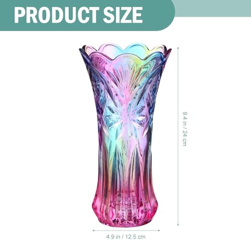 Rainbow Glass Vase Wide Mouth Glass Colorful Vase for Bookshelf Dinner Table Indoor Office Desktop Meeting Room Bathroom Countertop Iridescent