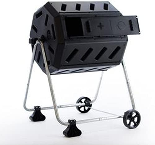 FCMP Outdoor IM4000-WK 37 Gallon Plastic Dual Chamber Tumbling Composter Outdoor Elevated Rotating Garden Compost Bin with Wheels, Black/Black