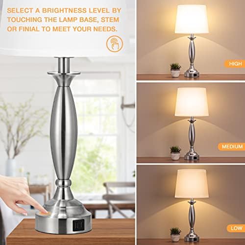 Bedroom Lamps for Nightstand, 3 Way Dimmable Silver Bedside Lamps with USB | Touch, USB C+A Ports, Bulb Included, White Shade, Silver, Chrome