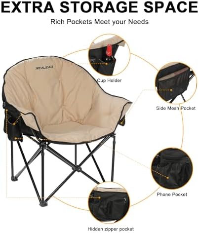 Oversized Camping Chairs Padded Heavy Duty Folding Support 400LBS | Comfy Lawn Chairs for Adults Outdoor Sports with Side Mesh Bag & Cup Holder, Portable Foldable, Sturdy Steel Frame (Grey)