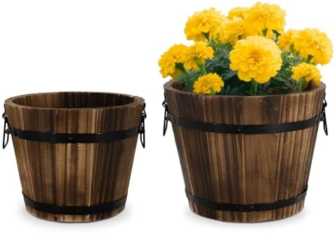 Wooden Barrel Planters, 8 inch 7 inch Plant Pot with Drainage Holes for Indoor Plants Decor, Set of 2