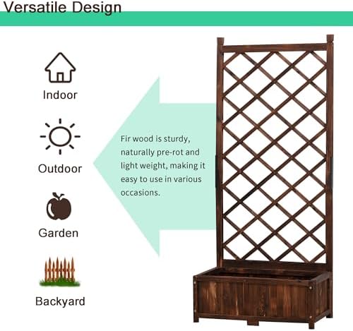 Anraja Raised Garden Bed with Trellis Wooden Flower Standing Planter Box Outdoor Wood Lattice Panels Privacy Screen for Climbing Plant Planting