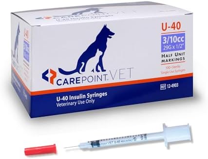 Carepoint Vet U-40 Pet Insulin Syringes, 29G x 1/2" 1/2cc, Comfortable Injection, Bold Permanent Markings for Accurate Dosage, Disposable, Box of 100