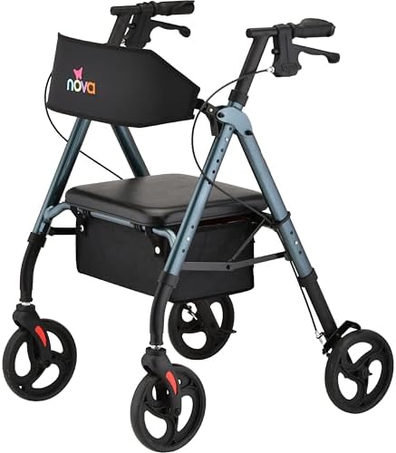 NOVA Star 8 Foldable Rollator Walker for Seniors (5'3"–6'2"), Wide Padded Backrest with Seat, 8” All-Terrain Wheels, Easy-Grip Locking Hand Brakes, Height Adjustable, Sky Blue