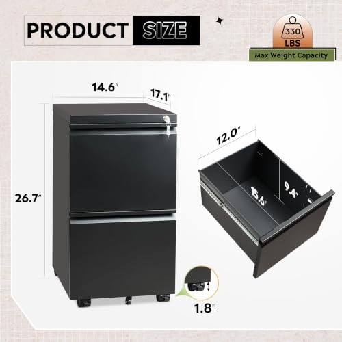 DEVAISE 3 Drawer Mobile File Cabinet with Lock, Under Desk Metal Filing Cabinet for Home Office/Legal/Letter/A4 File, Fully Assembled Except Wheels, Black