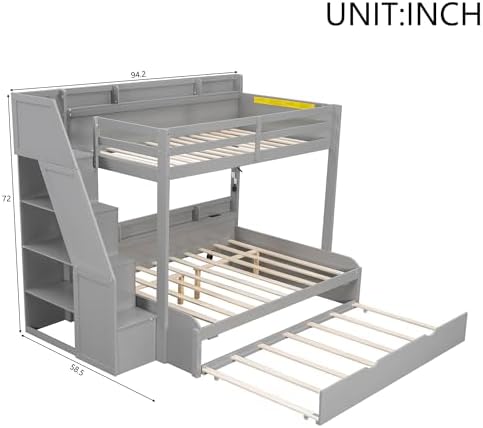 Bellemave Full Over Full Bunk Beds with Stairs Stairway Bunk Bed Frame with Storage Shelves for Teens Adult, Detachable Wood Full Bunk Bed, Gray