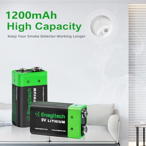 Enegitech 9V Lithium Battery, 9 Volt Lithium Battery 1200mAh for Smoke Detector, Fire Alarm, Keyless Entry Door Lock, Multimeter