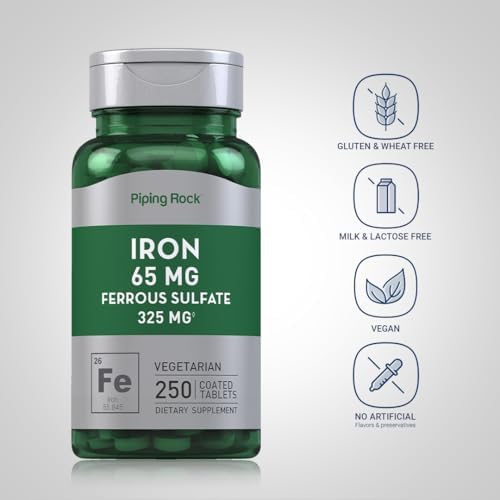 Piping Rock Iron Ferrous Sulfate 65 mg | 250 Tablets | Iron Supplement | High Potency Formula | Vegetarian, Non-GMO, Gluten Free