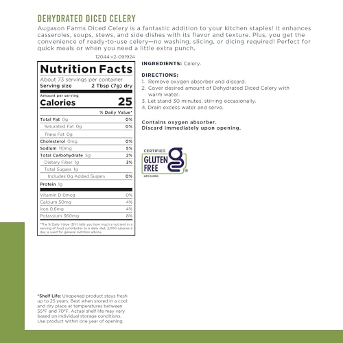 Augason Farms Dehydrated Diced Celery Can | Emergency Food Supply, 73 Servings, 25 Year Shelf Life, Great for Cooking and Snacks, Dehydrated Meals
