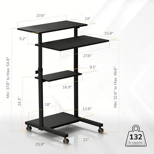 Mount-It! Black Rolling Standing Desk, Adjustable Height up to 54.7", Portable Laptop Podium Desk on Wheels, Mobile Computer Workstation with 4 Shelves 27.5" Wide, Cart for Home Office or Classroom