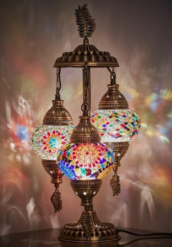 DEMMEX 3-Globe Turkish Moroccan Table Lamp, Tiffany Mosaic Glass Bedside Night Light, Handmade Colorful Mosaic Glass Globes & Antique Brass Finish Base, 21" H, Multicolor