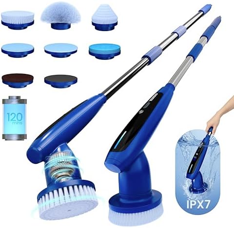 2026 Upgraded Electric Spin Scrubber: 120 Min Runtime, IPX7 Waterproof Cordless Power Scrubber, Adjustable Extension Handle, 8 Heads
