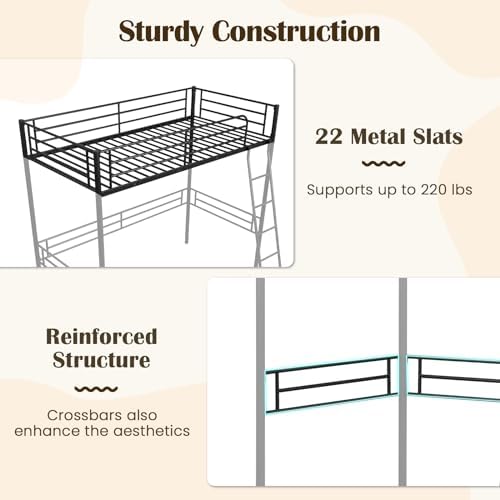 GIANTEX Twin Size Loft Bed, Metal Loft Bed Frame with Ladder & Safety Guardrail, Space-Saving with Ample Space Underneath, for Teens Junior and Adults