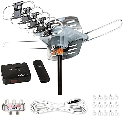 Five Star Outdoor HDTV Antenna 150 Mile Long Range – 360° Rotating TV Antenna with Amplifier, Dual TV Output, Remote Control, Weatherproof, Support 4K 1080p UHF/VHF for 2–5 TVs