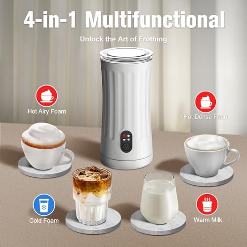 Milk Frother, 4-in-1 Milk Steamer and Frother, 8.1oz, White | Milk Warm and Cold Foam Maker, Auto Shut-Off Frother for Coffee, Latte, Cappuccino, Macchiato