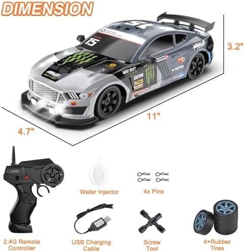 Dollox RC Drift Car 1/16 Scale Remote Control Car 2.4GHz 4WD High Speed 18+KM/H Race Car with LED Light and Spray, Extra Drifting Tires Racing Vehicle Toy Birthday Gifts for Adults Boys, 2 Batteries