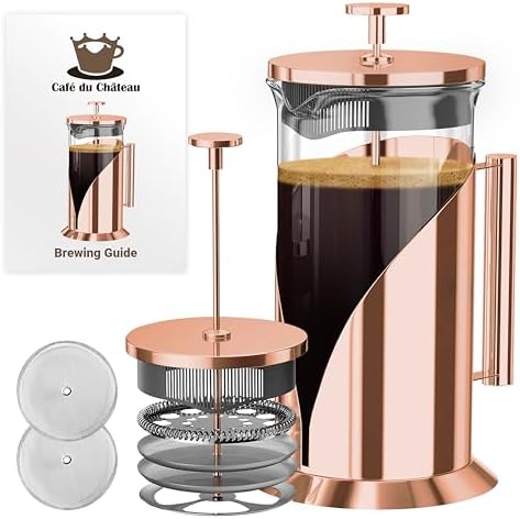 Cafe Du Chateau French Press Coffee Maker, 34 oz Glass, Stainless Steel | Easy Brew, Durable Clear Glass, 4-level Filtration, 34 oz Capacity, Coffee Press for Camping, Tea Brewer, BPA-Free Materials