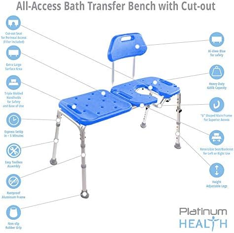 Tub Transfer Bench for Bathtub, All-Access Bath Bench with Cutout Seat | Slide Safely In & Out of the Tub - Blue, adjustable height, aluminum frame, cutout seat, extra-wide seat, cutout U-shape