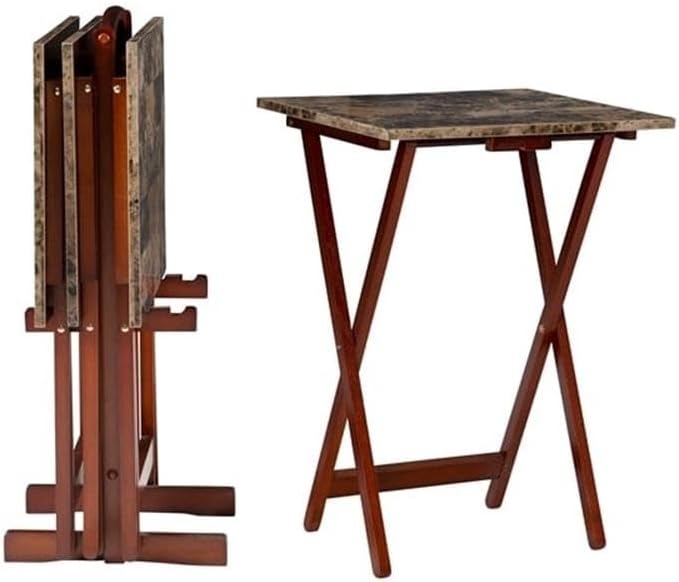 Riverbay Furniture 5 Piece TV Tray Table Set, Faux Marble Tops, Rubberwood and MDF, Brown Finish, Includes 4 Folding Tray Tables and 1 Storage Stand, Compact Design for Living Room or Home Use