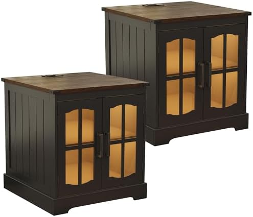 ChooChoo Farmhouse End Table with Charging Station & LED Light | Large Sofa Side Table, Rustic Square Nightstand, Glass Barn Door, Bedside Table, Storage, Living Room, Black