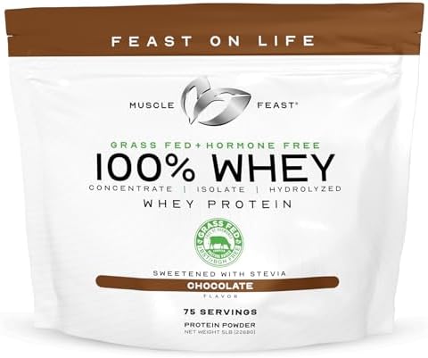 Muscle Feast 100% Grass Fed Whey Protein Powder Blend, Chocolate (2lb) | Whey Concentrate, Isolate & Hydrolyzed Protein Powder, All Natural, Hormone Free Pasture Raised Whey Protein for Women & Men