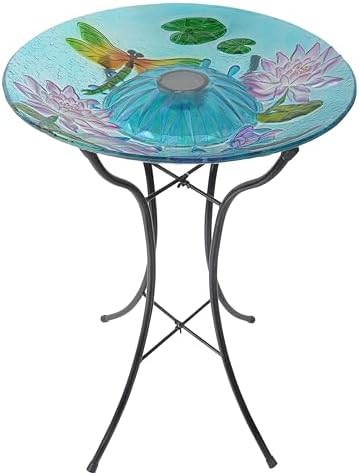 Teamson Home Handpainted Dragonfly Fusion Glass Solar Birdbath Bowl Feeder with LED Light for Outdoor Patio Garden Backyard Decking Decor