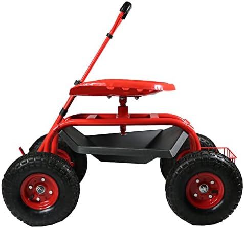 Sunnydaze Garden Seat with Wheels and Adjustable Handle, Red | Steel Rolling Gardening Seat with Utility Tray for Storage, Rotating, Swiveling Motion