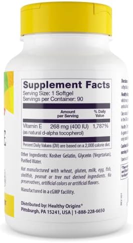 Healthy Origins Vitamin E 400 IU, Natural Mixed Tocopherols, 90 Softgels