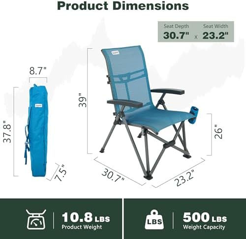 SUNNYFEEL High Back Folding Camping Chair 500 lbs with Aluminum Frame, Grey | Ergonomic Back Support, High-Resilience Fabric & Uv-Rated, Detachable Cup Holder and Carry Bag for Camping, Beach, RV, Patio