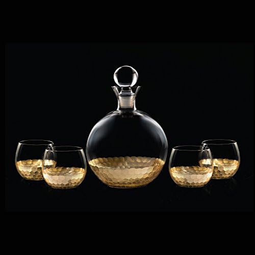 Fitz and Floyd Daphne Decorative Whiskey Decanter Set with Top Glass for Wine, Bourbon, Brandy, Liquor, 5 Piece, Gold