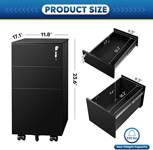 DEVAISE 3 Drawer Mobile File Cabinet with Lock, Under Desk Metal Filing Cabinet for Home Office/Legal/Letter/A4 File, Fully Assembled Except Wheels, Black