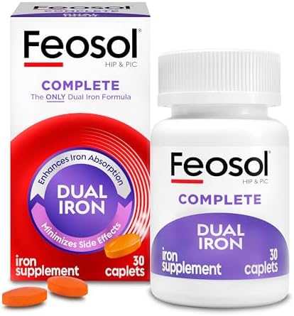 Feosol Complete Iron Supplement Caplets, Bifera Iron for High Absorption, Heme and Non-Heme Dual Action Minimizes Side Effects, 1 Per Day, for Energy and Immune System Support, Made in USA, 30 Count