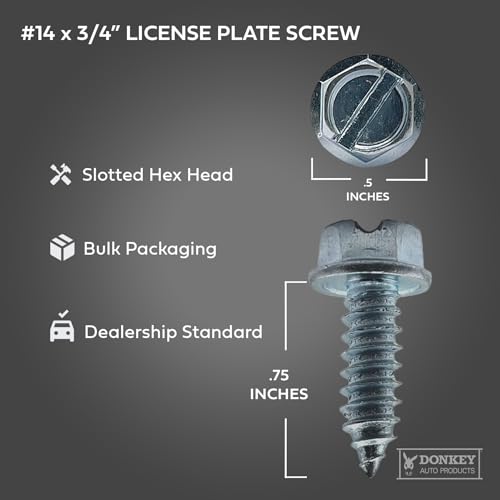 License Plate Screws - #14 x 3/4" Inch - Slotted Hex Head – for Vehicles (100 Pack)
