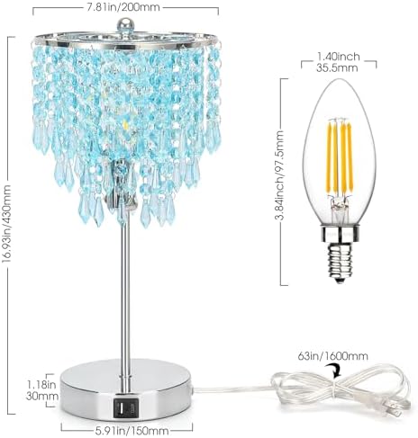 Touch Control Crystal Table Lamp with USB C+A Charging Ports, 3-Way Dimmable Bedside Touch Lamp Decorative Nightstand Lamp with Elegant Lampshade for Living Room Bedroom, B11 LED Bulb Included