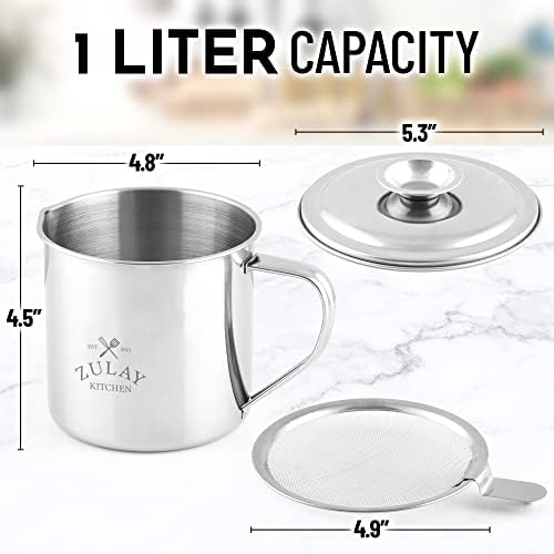 Zulay Bacon Grease Container With Strainer, Lid & Handle -Large, 1L Stainless Steel - Perfect For Kitchen, Storing Ghee, Fats & Frying/Cooking Oils