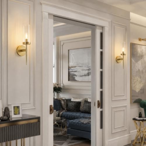 Modern Brushed Brass Wall Sconce, 1-Light Wall Lamp with Clear Glass Shade | H16.9", Mounted Light, with E12 Socket, Ideal for Bathroom Vanity Mirror